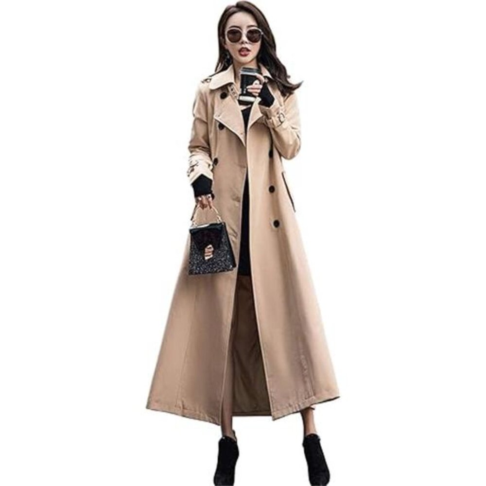 Women's Double Breasted Duster Trench Coat Slim Full Length Maxi Long - Picture 5 of 5